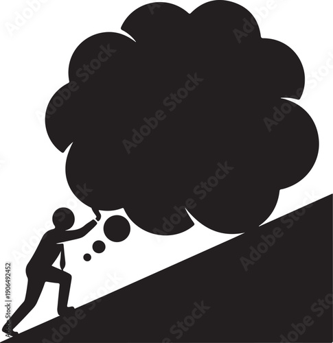 Person pushing large cloud up a steep hill struggle