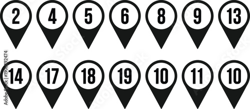 Black map pin icons collection featuring location markers with numerical digits for navigation and tracking systems