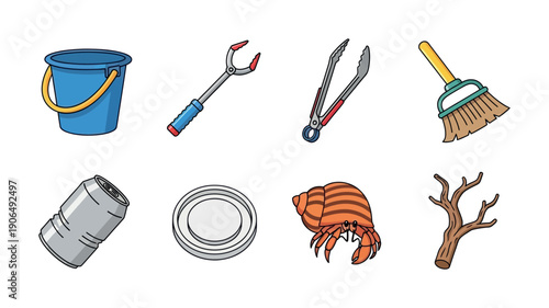 A diverse collection of various items including a bucket, grabber, tongs, broom, can, plates, hermit crab, and a tree branch, ideal for various educational and commercial media projects.