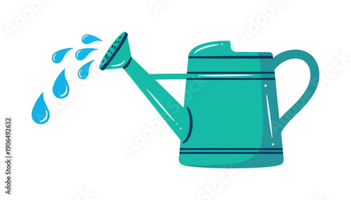 Vibrant turquoise watering can gracefully sprinkling blue water drops, ideal for engaging gardening project presentations, spring season promotions, and household chore guides.