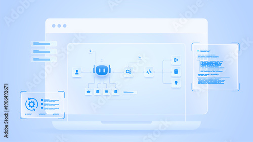 AI workflow automation artificial intelligence. ai agent workflow diagram dashboard machine learning showing node input, processing module and process flow.