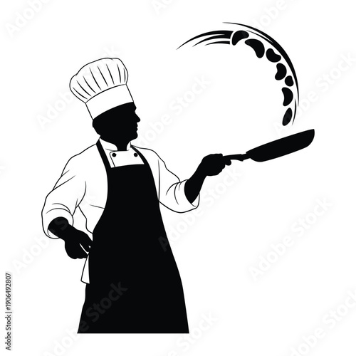 Silhouette of a chef tossing food in a frying pan cook