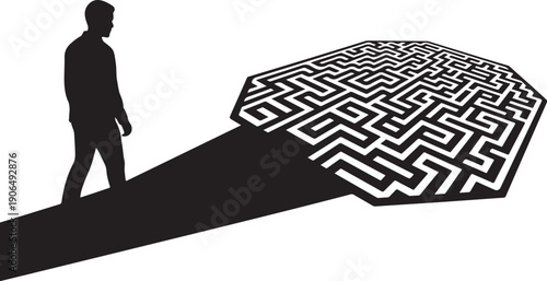 Man walking towards a complex maze challenge ahead slowly