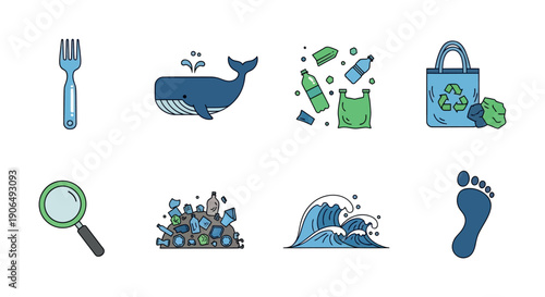 Set of environmental icons depicting plastic waste harming marine animals, promoting recycling and sustainable living to minimize human impact, perfect for ecoconscious branding.
