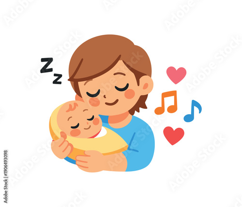 parent softly humming while holding newborn musical note and heart calming routine clean shapes. colored flat icon vector illustration