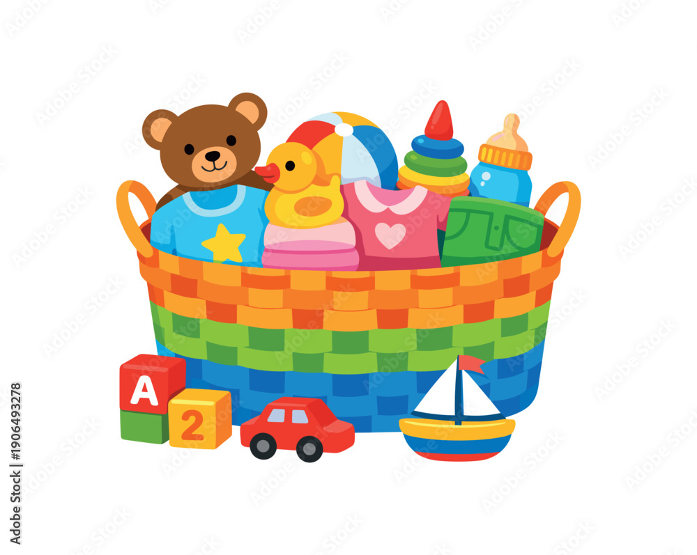 Obraz premium big basket organizer with simple toy and clothes универсальная корзина для детских вещей clean shapes. colored flat icon vector illustration