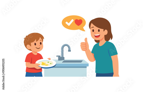 child carrying own plate to sink while parent shows thumbs up specific encouragement for responsibility clean shapes. colored flat icon vector illustration