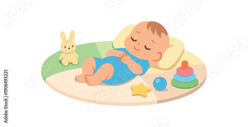 baby resting on soft play mat with minimal toys low stimulation environment clean shapes. colored flat icon vector illustration