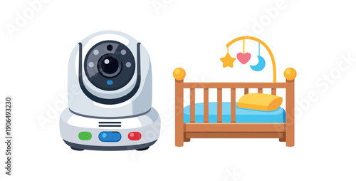 baby monitor camera with tiny crib icon видеоняня товар для родителей clean shapes. colored flat icon vector illustration