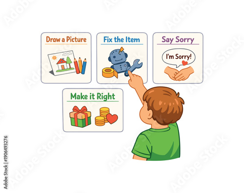 child choosing repair option card from three draw picture fix item say sorry positive restitution choices clean shapes. colored flat icon vector illustration