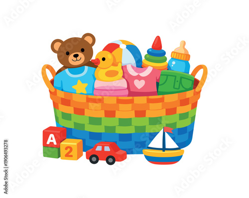 big basket organizer with simple toy and clothes универсальная корзина для детских вещей clean shapes. colored flat icon vector illustration