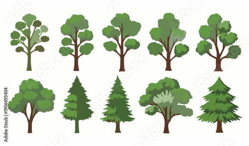 Set of realistic tree vector silhouettes isolated on white background for landscape and nature design