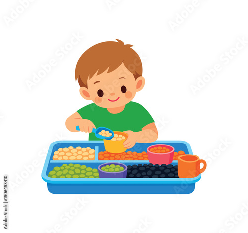 child exploring tray with dry beans lentils and small cups scooping and pouring clean shapes. colored flat icon vector illustration