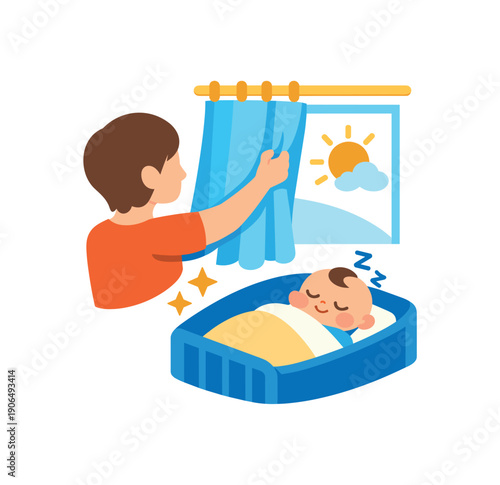 parent adjusting window curtain to soften daylight near babys resting spot gentle light control clean shapes. colored flat icon vector illustration
