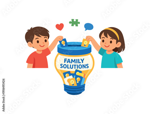 siblings dropping small idea cards into family problem solving jar lightbulb icon collaborative solutions clean shapes. colored flat icon vector illustration