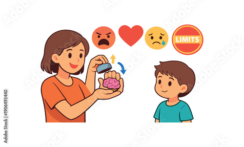 parent using hand brain model drawing little brain flipping lid then closing teaching child about big feelings before limits clean shapes. colored flat icon vector illustration