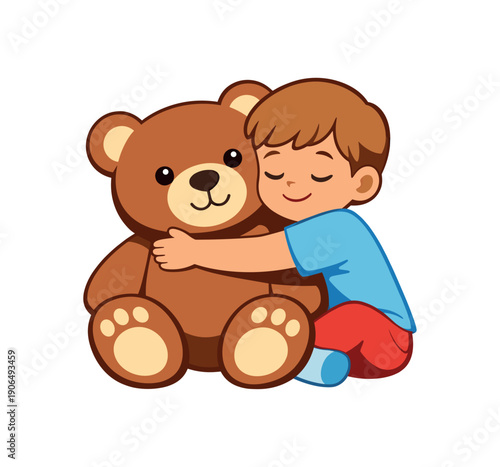 kid hugging big plush teddy bear comfort antistress cuddle clean shapes. colored flat icon vector illustration