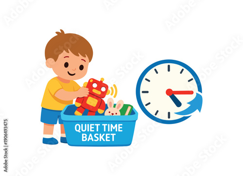 child placing loud toy into quiet time basket clock icon showing later instead of permanent removal clean shapes. colored flat icon vector illustration