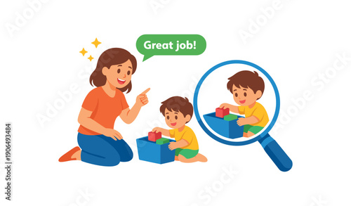 parent kneeling offering specific praise magnifying glass icon over small action like you put blocks away positive discipline feedback clean shapes. colored flat icon vector illustration