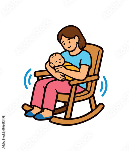 parent rocking baby gently while seated chair calm rhythmic soothing motion clean shapes. colored flat icon vector illustration