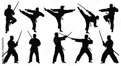 Silhouettes of martial artists performing various dynamic combat poses