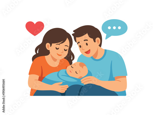 newborn resting parents lap while parent softly talks heart and speech bubble emotional connection clean shapes. colored flat icon vector illustration