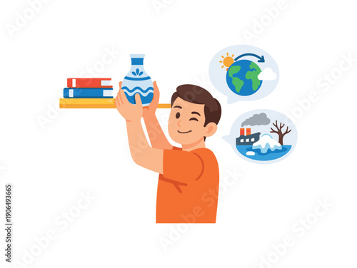 parent calmly lifting fragile vase to high shelf wink icon adult job card explaining environment change instead of scolding clean shapes. colored flat icon vector illustration