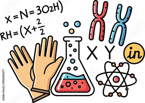 Laboratory Scene with Experiment and Molecular Structure Illustration