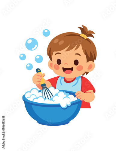 toddler stirring bowl of soapy foam with whisk bubbles rising sensory kitchen play clean shapes. colored flat icon vector illustration