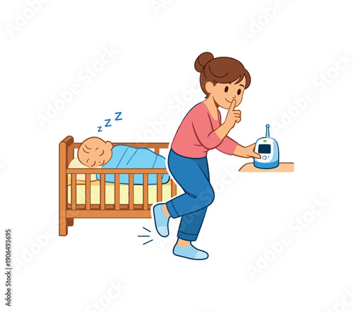 parent placing baby monitor near crib and stepping quietly away respectful sleep care clean shapes. colored flat icon vector illustration