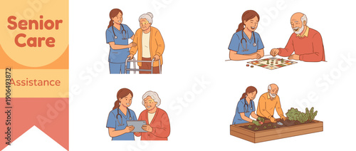 Senior Care Assistance Concept with Professional Nurse Helping Elderly Woman Walk with Walker, Playing Board Game with Senior Man, Showing Tablet to Old Lady, and Gardening in Raised Bed.