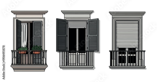 Graphic depiction of urban building facades showcasing different balcony window types with shutters, railings, and potted plants ideal for architectural planning or city living concepts.