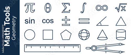 Comprehensive set of mathematical symbols and geometry icons including pi, sigma, integral, infinity, sine, cosine, plus-minus, equals, angles, triangles, circles, squares, pentagons, spheres, cones,