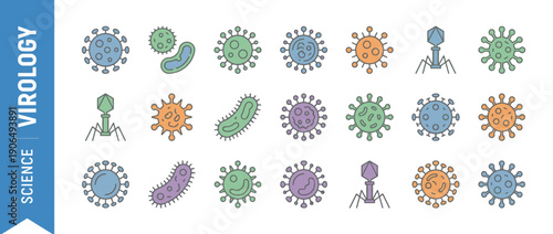 Virology and Microbiology Science Icon Set Featuring Various Virus and Bacteria Types like Bacteriophages, Coronavirus, and Pathogens in a Colorful Flat Line Art Style for Medical Studies.