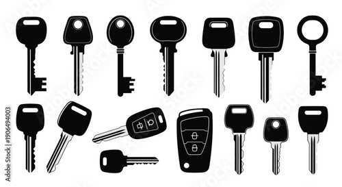 Collection of various black silhouette keys and a car key fob