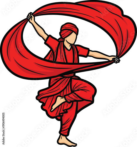 Illustration of a dancer in red attire manipulating fabric in a dynamic pose