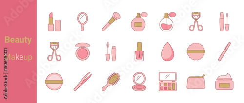 Set of Pink and Gold Beauty and Makeup Icons Featuring Lipstick, Mirror, Brushes, Perfume, Mascara, Eyelash Curler, Nail Polish, Eyeshadow Palette, and Skincare Products for Cosmetic Design.