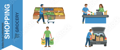 Flat Vector Illustration of Grocery Shopping Process Featuring a Man Picking Produce, Checking Out at the Counter with a Cashier, Carrying Reusable Bags, and Loading Groceries into a Car Trunk.