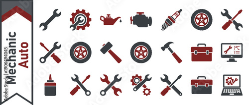 Auto Mechanic Service Icon Set with Car Repair Tools, Wrench, Screwdriver, Gear, Engine, Spark Plug, Tire, Toolbox, and Diagnostic Computer Graphics for Automotive Maintenance and Workshop.