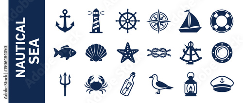 Collection of Nautical Sea Icons and Marine Symbols Featuring Anchor, Lighthouse, Compass, Sailboat, Shell, Starfish, Crab, and Captain Hat in Flat Vector Style for Maritime Design and Decoration.