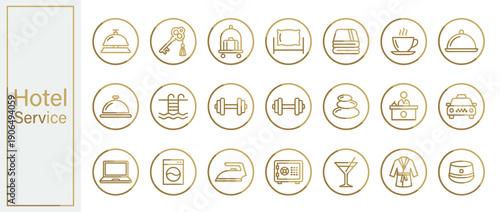 Set of 21 Elegant Gold Line Icons for Hotel Services and Luxury Amenities, Including Reception Bell, Key, Spa, Gym, Laundry, Room Service, Concierge, and Travel Icons for Hospitality Design.