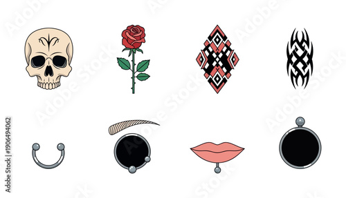 Diverse graphic set featuring skull, red rose, geometric abstract art, tribal tattoo symbol, and various body piercings for alternative fashion and edgy lifestyle designs.