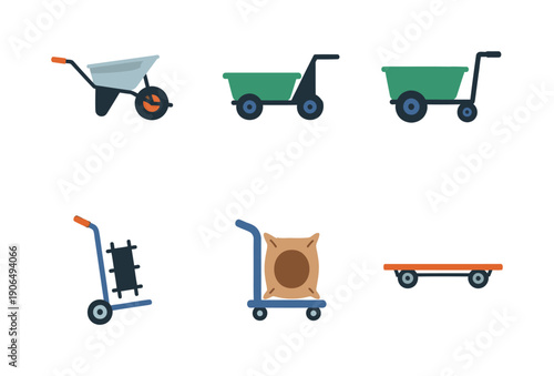 A diverse collection of various handcarts, wheelbarrows, and utility wagons essential for material transport and logistics in home improvement, gardening, or industrial settings.