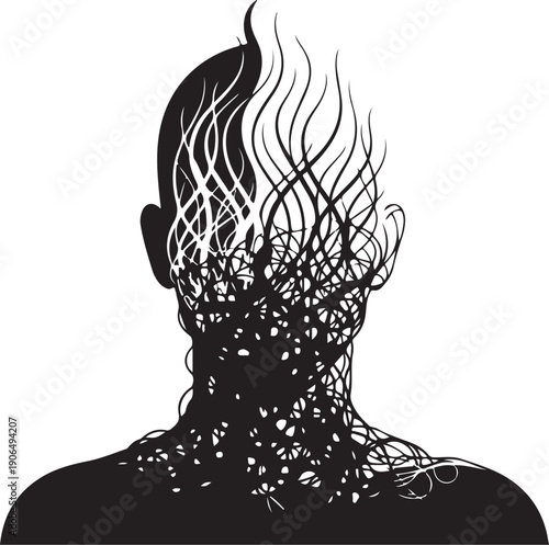 Silhouette of a person with tangled and burning hair