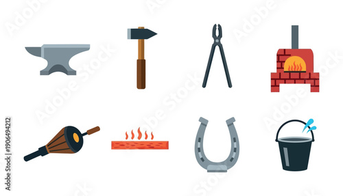 Essential blacksmithing tools and equipment such as an anvil, hammer, tongs, forge, bellows, hot metal, horseshoe, and water bucket, ideal for graphic projects or educational content