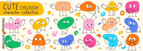 Adorable geometric figure faces. Colorful blob shapes with funny and cute expressions.