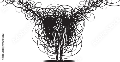 Person surrounded by chaotic swirling lines and scribbles illustration