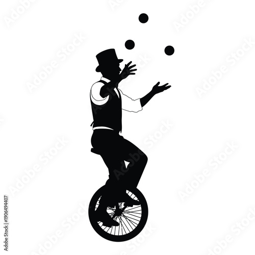 Silhouette of a juggler on a unicycle throwing balls
