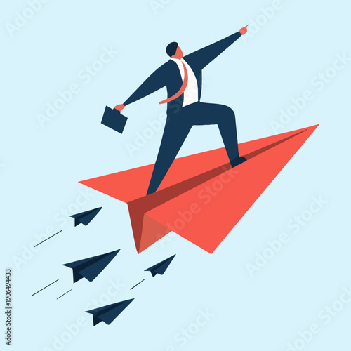 Business Leadership Success Concept with Entrepreneur Standing on Flying Paper Plane Vector Illustration