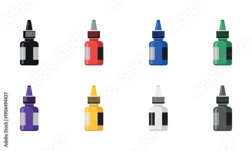 Colorful liquid dropper bottles for eliquid, essential oils, or pharmaceutical packaging solutions used in product presentations and graphic materials for various industries.